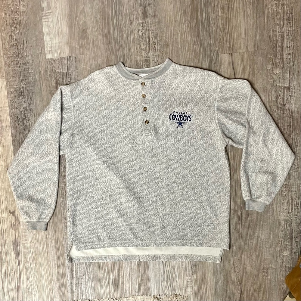Vintage 1990s Dallas Cowboys NFL Football Embroidered Patch Grey Henley Sweater - Picture 5 of 11